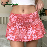 Cyflymder Cute Girl Pink Mini Skirt Y2K Aesthetic Floral Print Ruffles High Waist A-Line Tennis