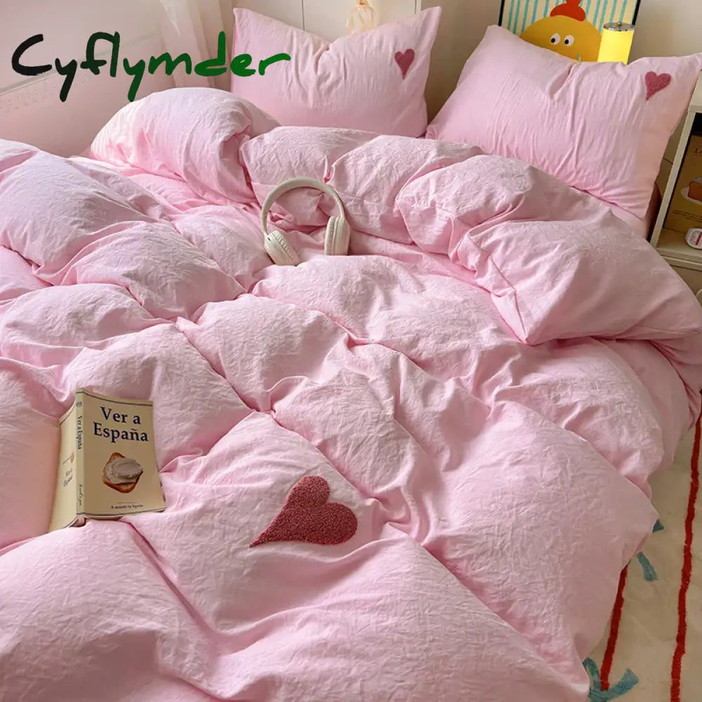 Cyflymder Cute Pink Heart Bedding Set Ins Nordic Embroidery Bed Sheet Set Of Four Pieces Home Luxury Duvet Cover Set