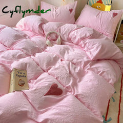 Cyflymder Cute Pink Heart Bedding Set Ins Nordic Embroidery Bed Sheet Set Of Four Pieces Home Luxury Duvet Cover Set