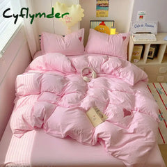 Cyflymder Cute Pink Heart Bedding Set Ins Nordic Embroidery Bed Sheet Set Of Four Pieces Home Luxury Duvet Cover Set