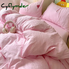 Cyflymder Cute Pink Heart Bedding Set Ins Nordic Embroidery Bed Sheet Set Of Four Pieces Home Luxury Duvet Cover Set