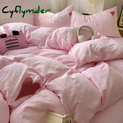 Cyflymder Cute Pink Heart Bedding Set Ins Nordic Embroidery Bed Sheet Set Of Four Pieces Home Luxury Duvet Cover Set