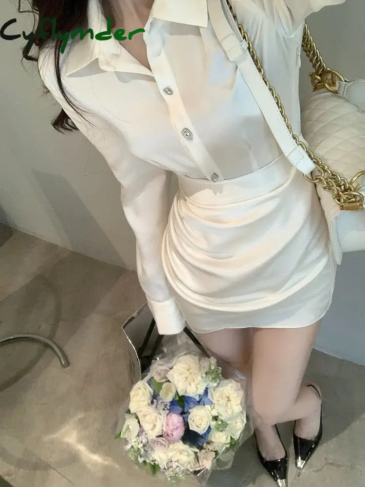 Cyflymder Elegant Shirt Dress Women Casual Long Sleeve Y2k Mini Dress Even Party Female Pure Color Autumn One Piece