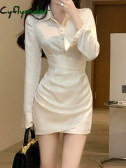 Cyflymder Elegant Shirt Dress Women Casual Long Sleeve Y2k Mini Dress Even Party Female Pure Color Autumn One Piece