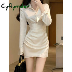 Cyflymder Elegant Shirt Dress Women Casual Long Sleeve Y2k Mini Dress Even Party Female Pure Color Autumn One Piece