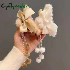 Cyflymder cute winter outfits New Fashion Bow Tassel Pendant Hair Clips Korea Ponytail Plush Shark Claw Girls Fall and