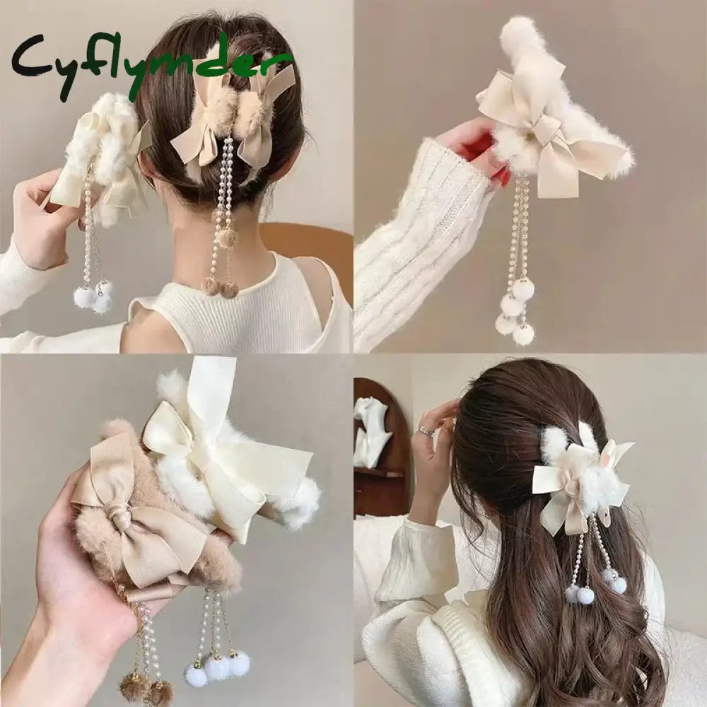Cyflymder cute winter outfits New Fashion Bow Tassel Pendant Hair Clips Korea Ponytail Plush Shark Claw Girls Fall and
