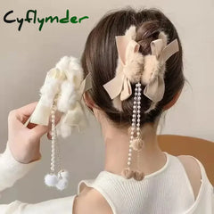 Cyflymder cute winter outfits New Fashion Bow Tassel Pendant Hair Clips Korea Ponytail Plush Shark Claw Girls Fall and