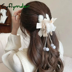 Cyflymder cute winter outfits New Fashion Bow Tassel Pendant Hair Clips Korea Ponytail Plush Shark Claw Girls Fall and