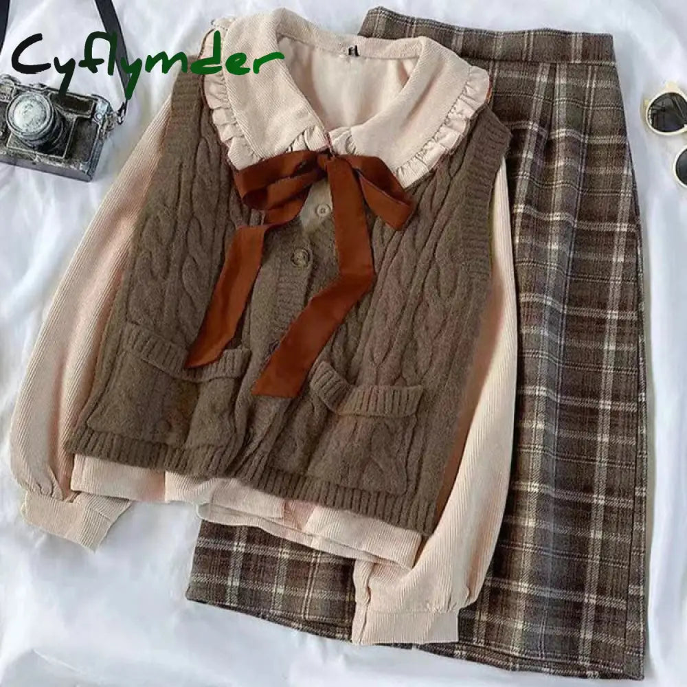 Cyflymder cute winter outfits Preppy Three-piece Women’s Suit Spring Autumn Female Student Korean Loose Lace-up Shirt