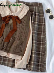 Cyflymder cute winter outfits Preppy Three-piece Women’s Suit Spring Autumn Female Student Korean Loose Lace-up Shirt