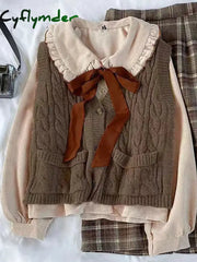 Cyflymder cute winter outfits Preppy Three-piece Women’s Suit Spring Autumn Female Student Korean Loose Lace-up Shirt