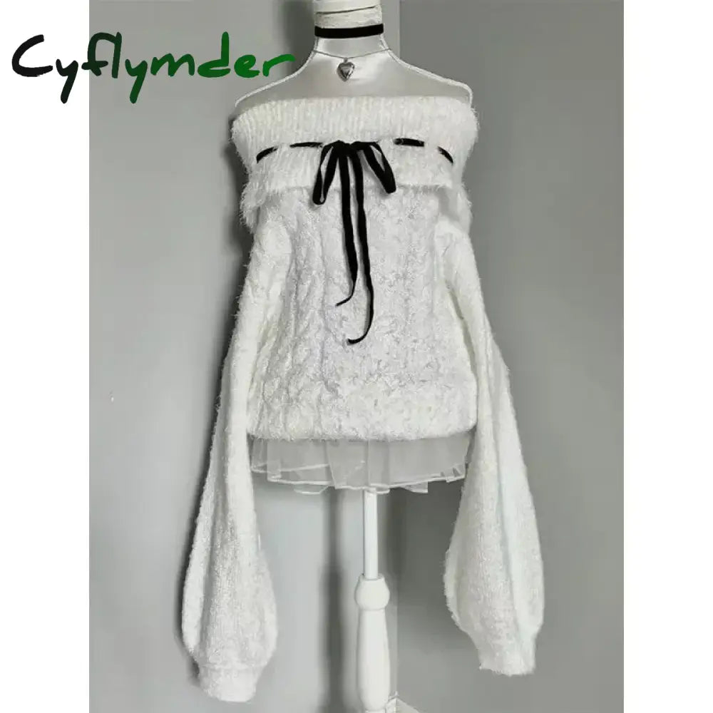 Cyflymder cute winter outfits Sweet Off-shoulder Knitted Sweater Women’s Pullover New Lace-up Bow Design Slash Neck