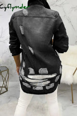 Cyflymder - Dark Blue Turndown Collar Solid Hole Old Washing The Cowboy Pure Long Sleeve Outerwear