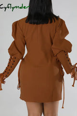 Cyflymder - Dark Brown Casual Solid Bandage Patchwork Buckle Turndown Collar Outerwear Blazers