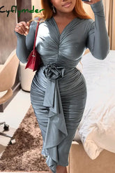 Cyflymder - Dark Gray Sexy Solid Patchwork Fold V Neck Pencil Skirt Dresses