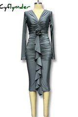 Cyflymder - Dark Gray Sexy Solid Patchwork Fold V Neck Pencil Skirt Dresses