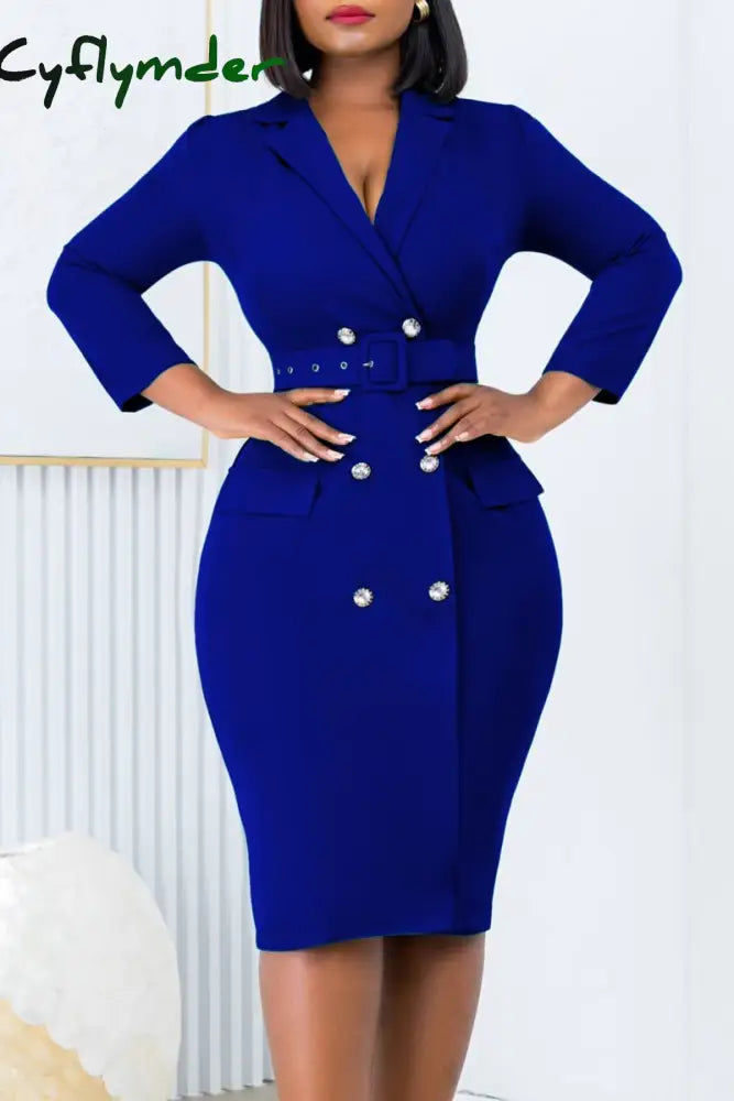 Cyflymder - Deep Blue Casual Solid Patchwork With Belt Turndown Collar Long Sleeve Dresses
