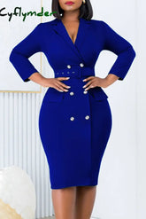 Cyflymder - Deep Blue Casual Solid Patchwork With Belt Turndown Collar Long Sleeve Dresses