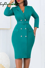 Cyflymder - Deep Blue Casual Solid Patchwork With Belt Turndown Collar Long Sleeve Dresses