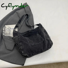 Cyflymder Denim Shoulder Bags For Women Solid Black Canvas Crossbody Large Capacity Cloth Packages