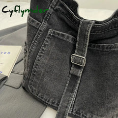 Cyflymder Denim Shoulder Bags For Women Solid Black Canvas Crossbody Large Capacity Cloth Packages