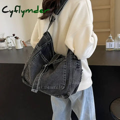 Cyflymder Denim Shoulder Bags For Women Solid Black Canvas Crossbody Large Capacity Cloth Packages