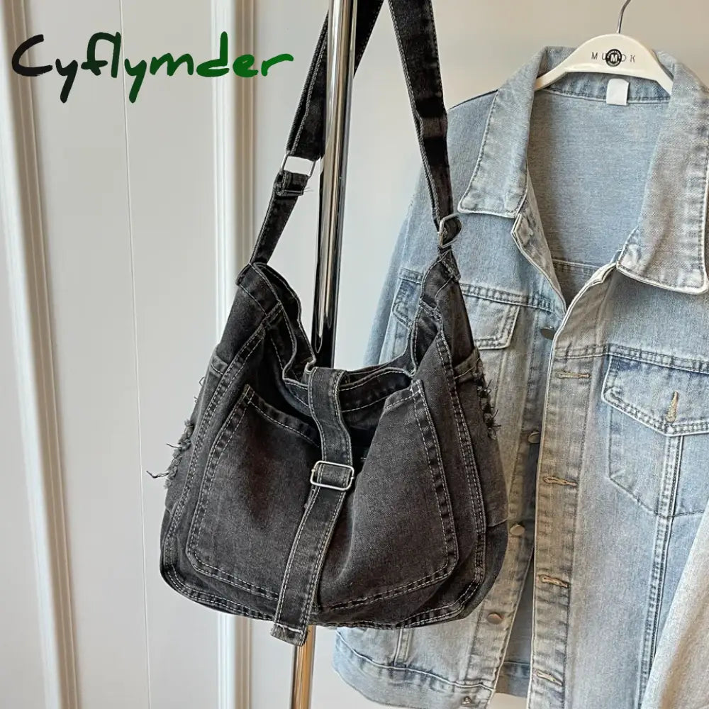 Denim Shoulder Bags For Women Solid Black Canvas Crossbody Bags Large Capacity Cloth Packages Simple 100% Cotton Messenger Bags