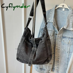 Denim Shoulder Bags For Women Solid Black Canvas Crossbody Bags Large Capacity Cloth Packages Simple 100% Cotton Messenger Bags