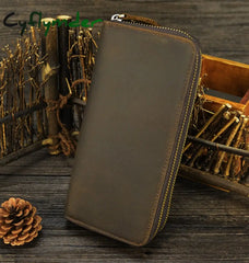 Cyflymder Double Zipper Women Men Long Wallet Vintage Leather Male Clutch Purse Man Phone Card Coin