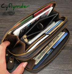 Cyflymder Double Zipper Women Men Long Wallet Vintage Leather Male Clutch Purse Man Phone Card Coin