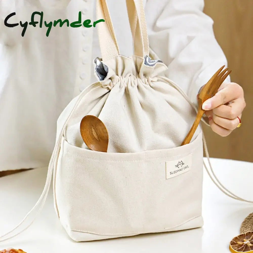 Cyflymder Drawstring Canvas Insulated Lunch Bag Thicken Aluminium Foil Thermal Bento Box Tote