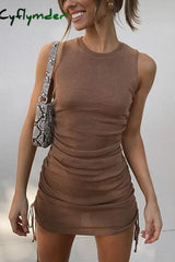 Cyflymder Drawstring Sleeveless Mini Dress S / Brown