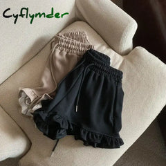 Cyflymder Drawstring Sports Shorts Women Summer Wooden Ear High Waist Slimming Casual Wide Leg Shorts