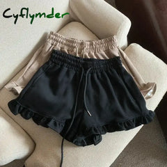 Cyflymder Drawstring Sports Shorts Women Summer Wooden Ear High Waist Slimming Casual Wide Leg Shorts
