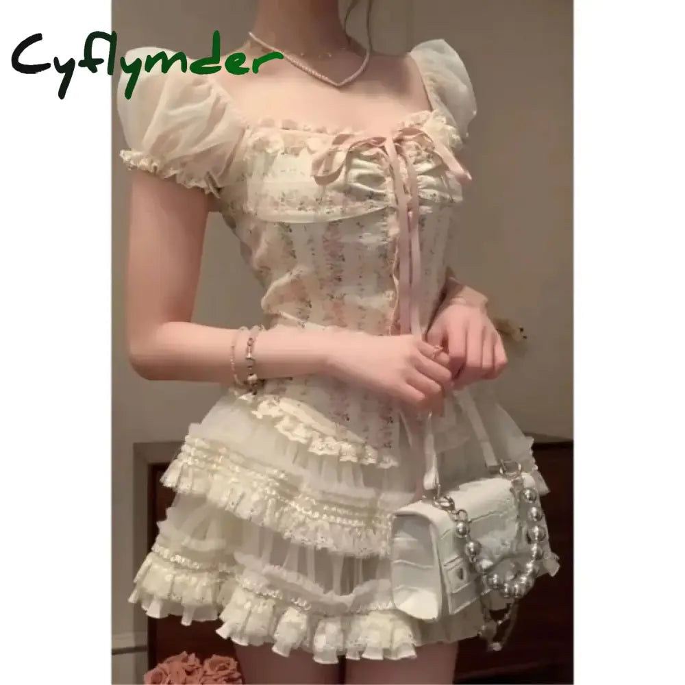 2000s Vintage Japanese Kawaii Suits Lolita 2 Piece Skirt Set Women Even Party Clothing Casual Y2k Crop Top Blouse + Slim Skirts