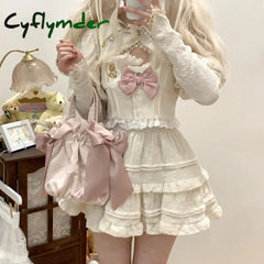 Cyflymder DRESS TO IMPRESS Autumn Kawaii Lolita Style Pink Skirt Sets Women Sweet Lace Bandage Tank Top Cute Mini Cake