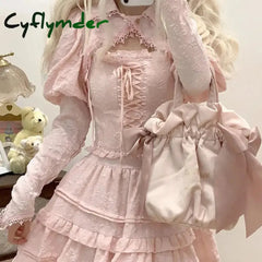 Cyflymder DRESS TO IMPRESS Autumn Kawaii Lolita Style Pink Skirt Sets Women Sweet Lace Bandage Tank Top Cute Mini Cake