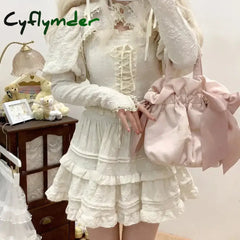 Cyflymder DRESS TO IMPRESS Autumn Kawaii Lolita Style Pink Skirt Sets Women Sweet Lace Bandage Tank Top Cute Mini Cake