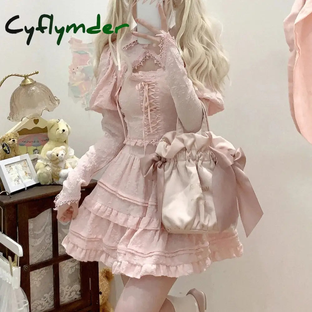 Cyflymder DRESS TO IMPRESS Autumn Kawaii Lolita Style Pink Skirt Sets Women Sweet Lace Bandage Tank Top Cute Mini Cake