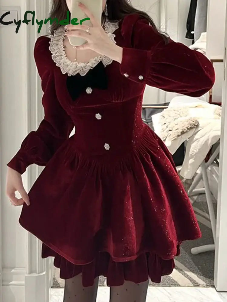 Cyflymder DRESS TO IMPRESS Autumn Red Lace Elegant Dress Women Patchwork Party Mini Dress Female Casual Korean Fashion