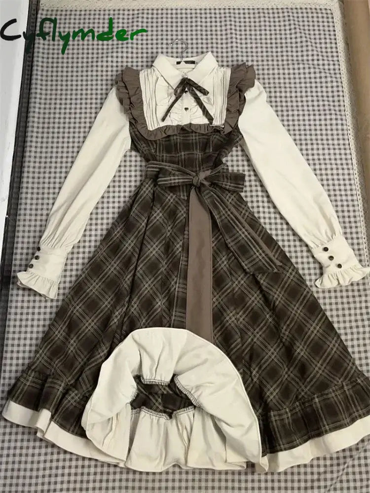 Cyflymder DRESS TO IMPRESS Autumn Winter Fake Two Piece Spliced Long Sleeve Plaid Dress Women Waist Slimming Sweet Girl