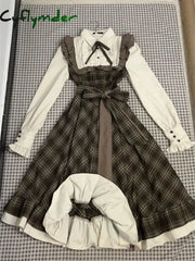 Cyflymder DRESS TO IMPRESS Autumn Winter Fake Two Piece Spliced Long Sleeve Plaid Dress Women Waist Slimming Sweet Girl