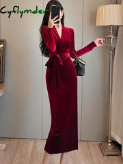 Cyflymder DRESS TO IMPRESS Autumn-winter Red Velvet Chic Bow Bandage Long Dress Luxurious Elegant Korean Vintage