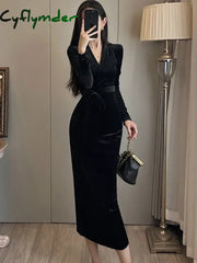 Cyflymder DRESS TO IMPRESS Autumn-winter Red Velvet Chic Bow Bandage Long Dress Luxurious Elegant Korean Vintage