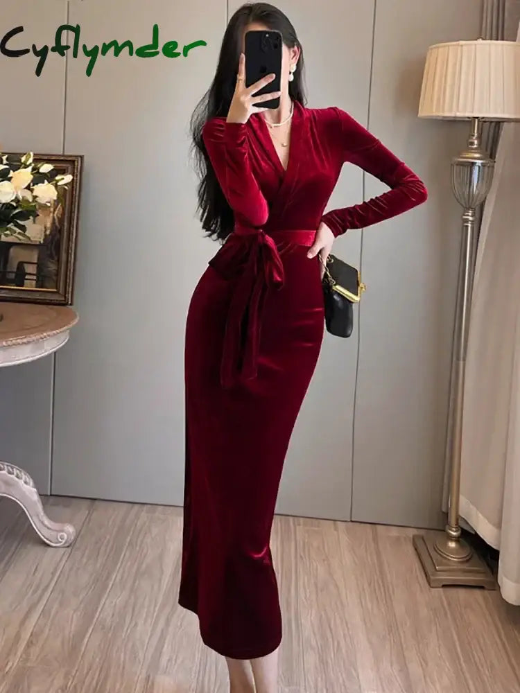 Cyflymder DRESS TO IMPRESS Autumn-winter Red Velvet Chic Bow Bandage Long Dress Luxurious Elegant Korean Vintage
