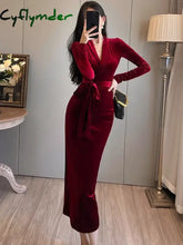 Cyflymder DRESS TO IMPRESS Autumn-winter Red Velvet Chic Bow Bandage Long Dress Luxurious Elegant Korean Vintage