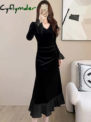 Cyflymder Dress To Impress Autumn Winter Red Velvet Flare Sleeve Midi Dress Women Elegant Ruffled