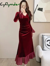 Autumn Winter Red Velvet Flare Sleeve Midi Dress Women Elegant Ruffled Dance Party Dress 2024 Korean Fashion Luxury Night Dress