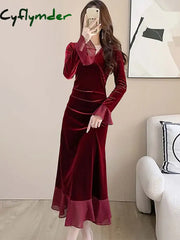 Cyflymder Dress To Impress Autumn Winter Red Velvet Flare Sleeve Midi Dress Women Elegant Ruffled